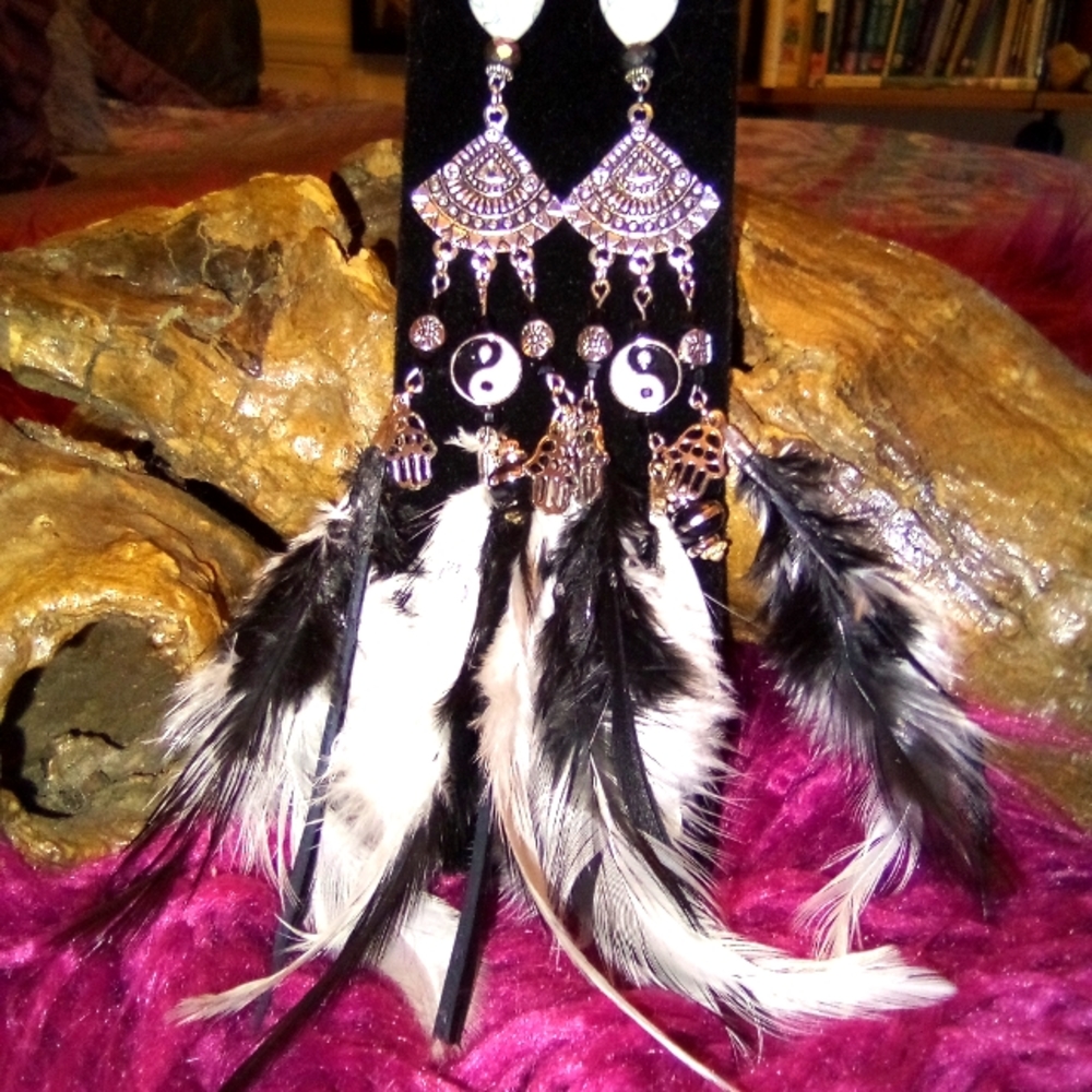 Black & White Feathered, Pierced Earrings with Silver Accent Pieces